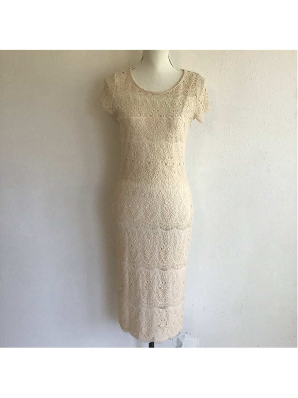 Gianni Bini Women Vintage Ivory Cream Lace Midi Dress Size L Beige